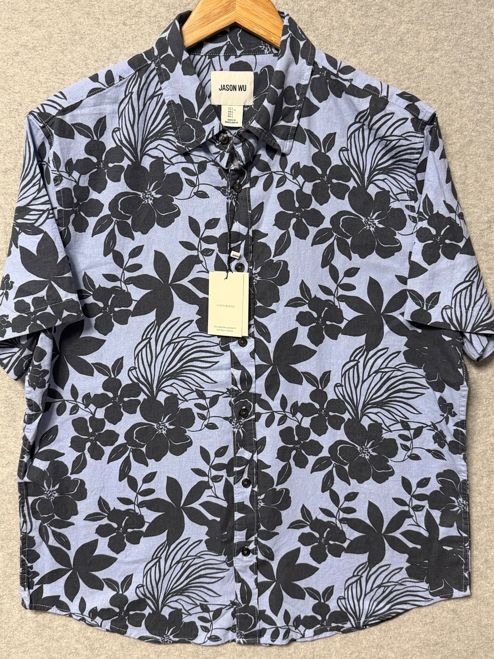 Jason Wu Men’s Large Linen Blend Hawaiian Floral Camp Shirt Blue Gray NWT